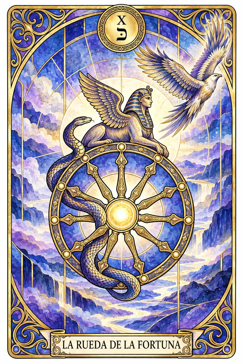 Ilustración del arcano de La Rueda de la Fortuna en el tarot