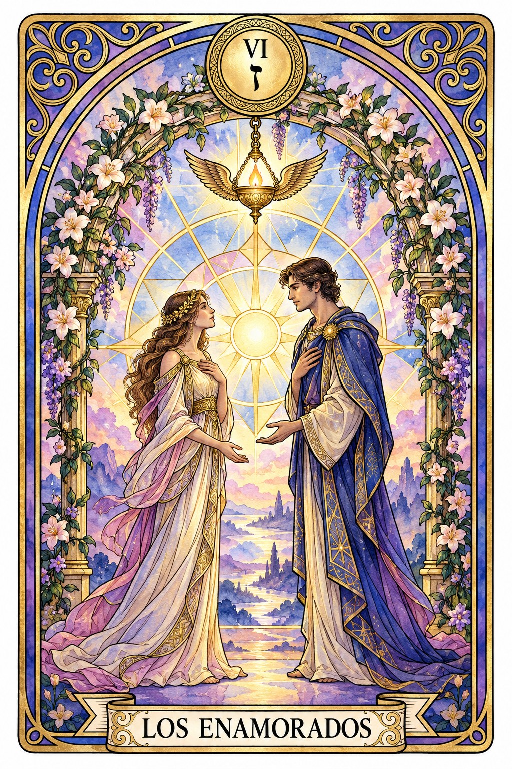 Ilustración del arcano mayor de Los Enamorados en el tarot