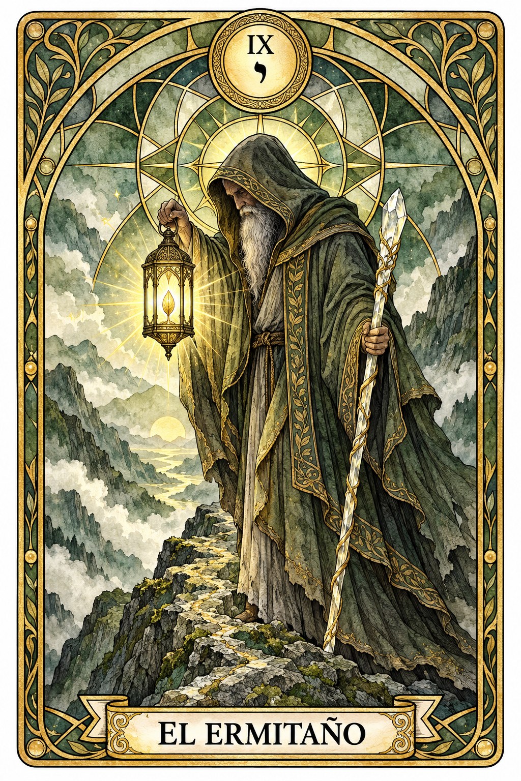 Ilustración del arcano mayor de El Ermitaño en el tarot