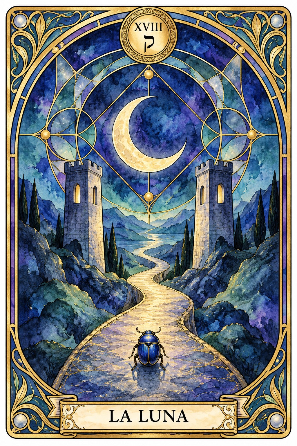Ilustración del arcano mayor de La Luna en el tarot