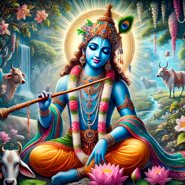 Representación de Krishna como encarnación divina de Vishnu en la mitología hindú