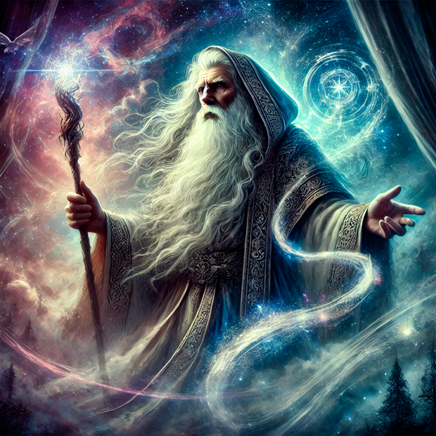 Representación del legendario mago Merlín en los relatos de la tradición mítica