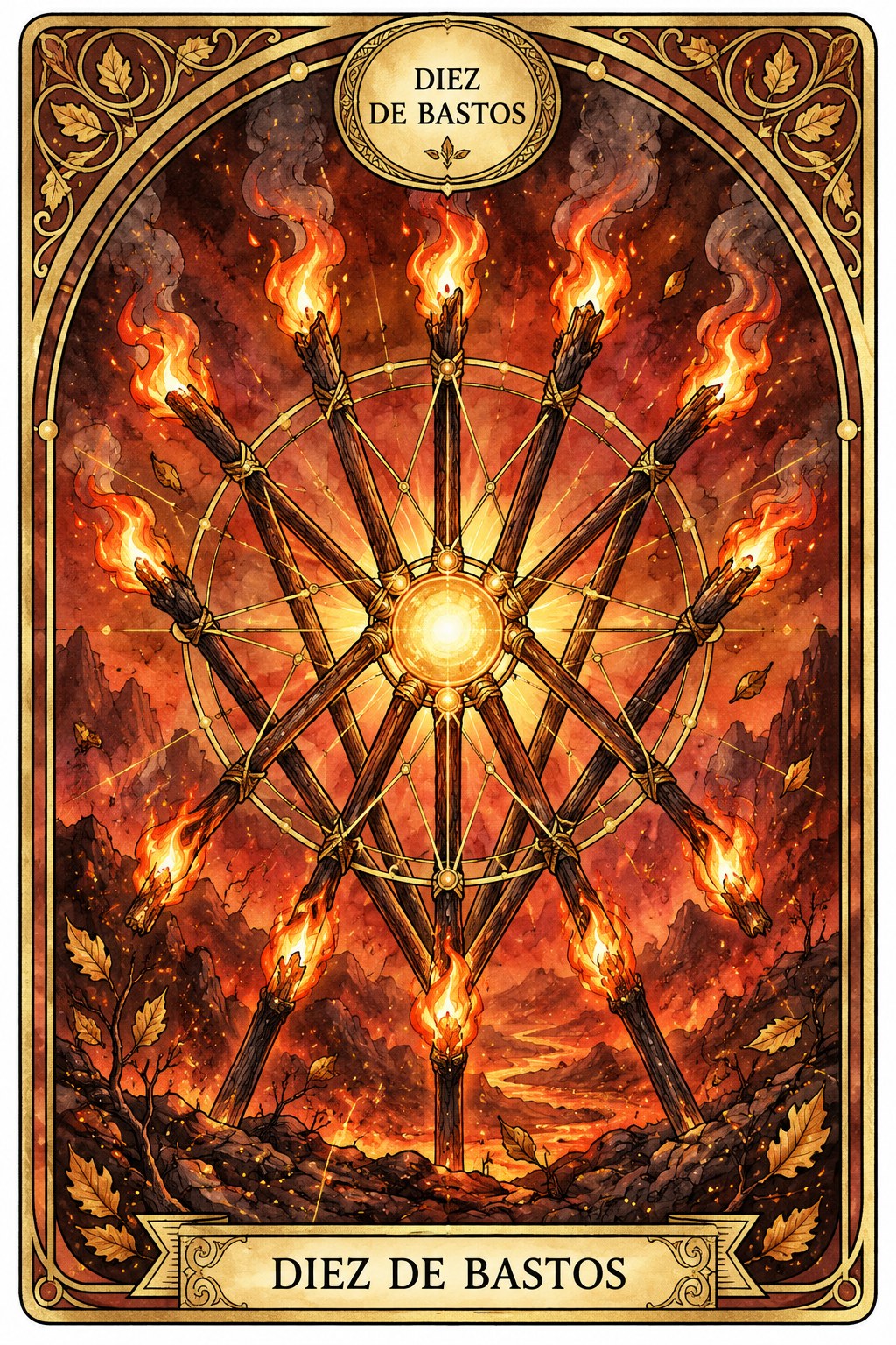 Ilustración de la carta del Diez de Bastos en el tarot