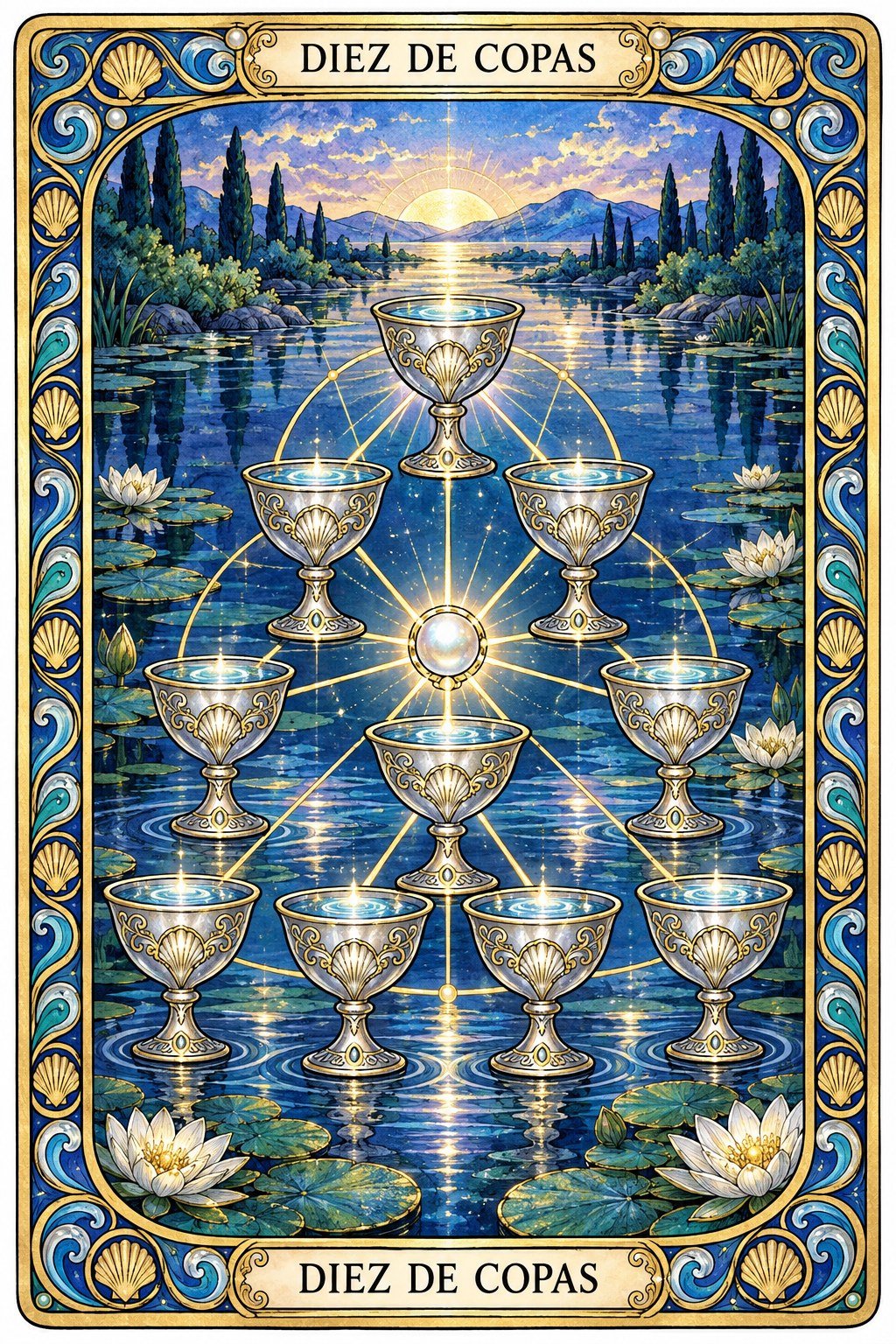 Ilustración de la carta del Diez de Copas en el tarot