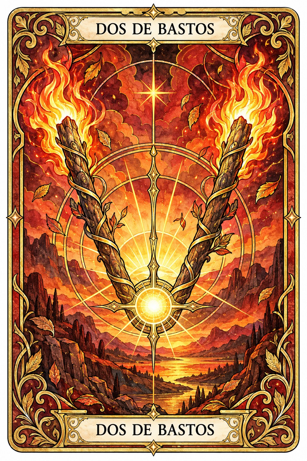 Ilustración de la carta del Dos de Bastos en el tarot