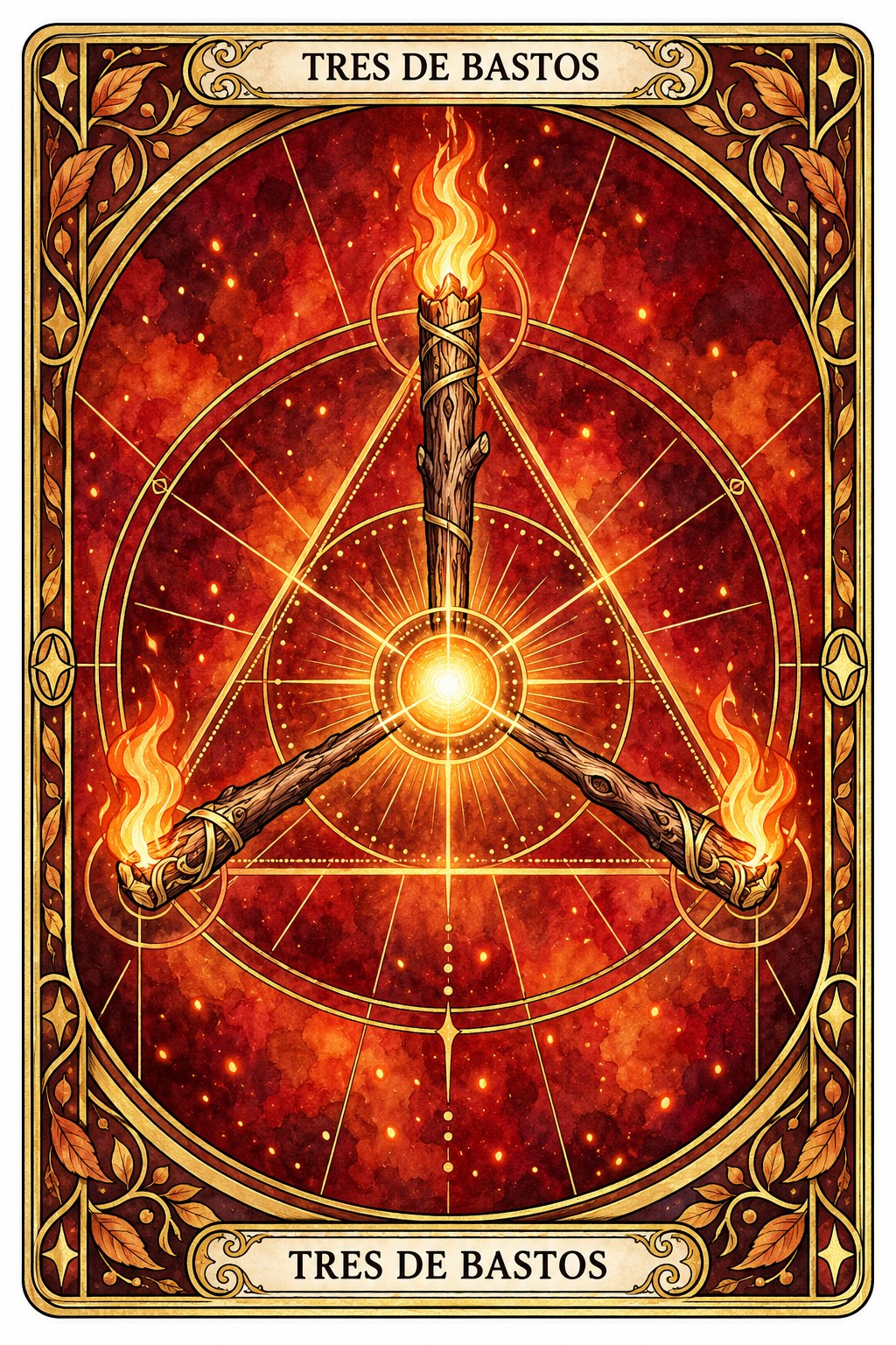 Ilustración de la carta del Tres de Bastos en el tarot