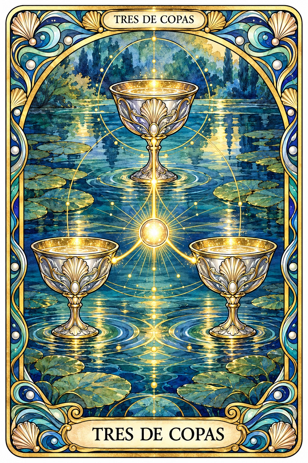 Ilustración de la carta del Tres de Copas en el tarot