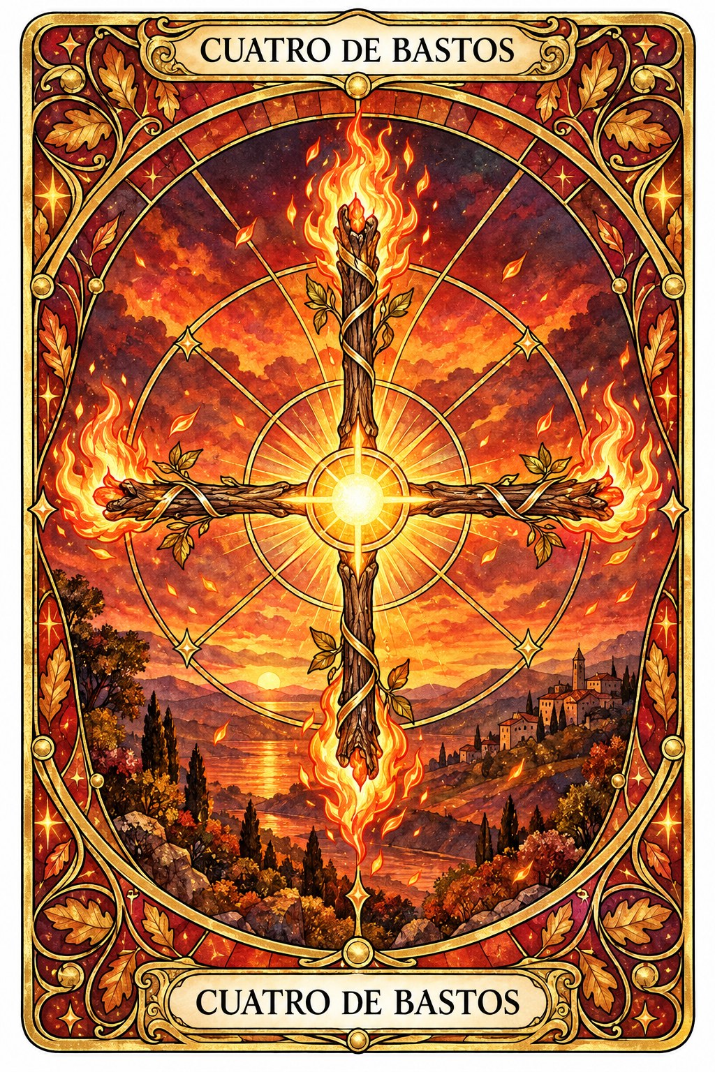 Ilustración de la carta del Cuatro de Bastos en el tarot