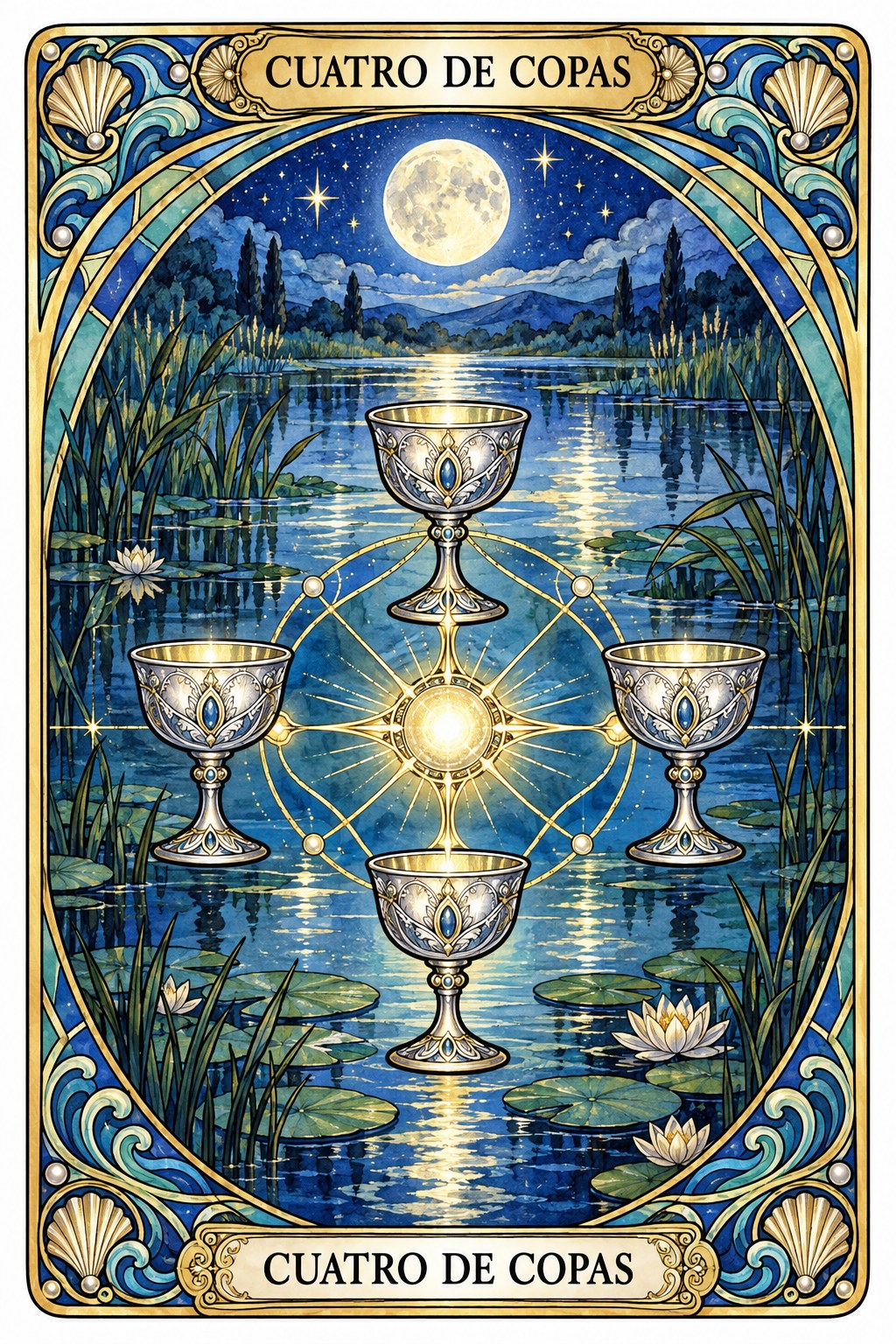 Ilustración de la carta del Cuatro de Copas en el tarot