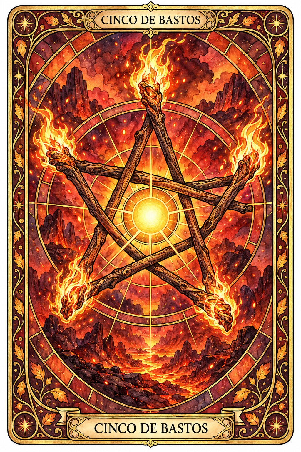 Ilustración de la carta del Cinco de Bastos en el tarot