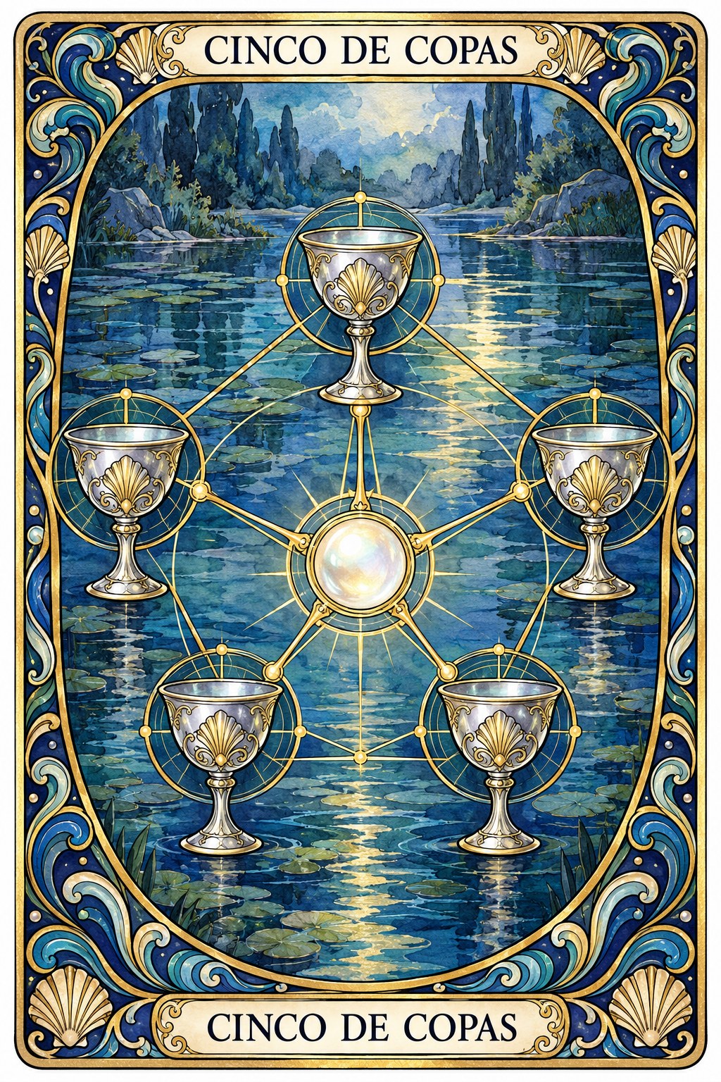 Ilustración de la carta del Cinco de Copas en el tarot