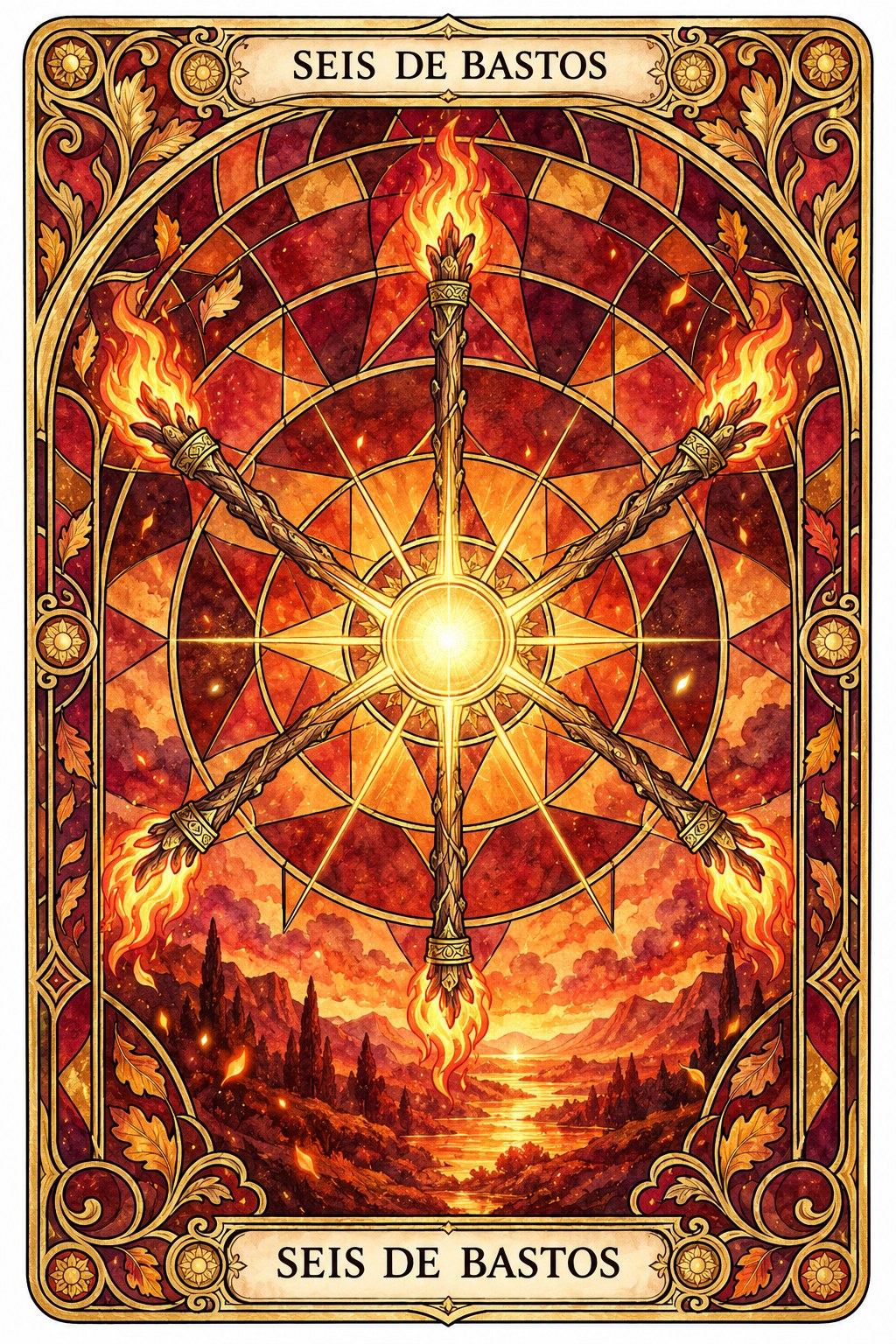 Ilustración de la carta del Seis de Bastos en el tarot