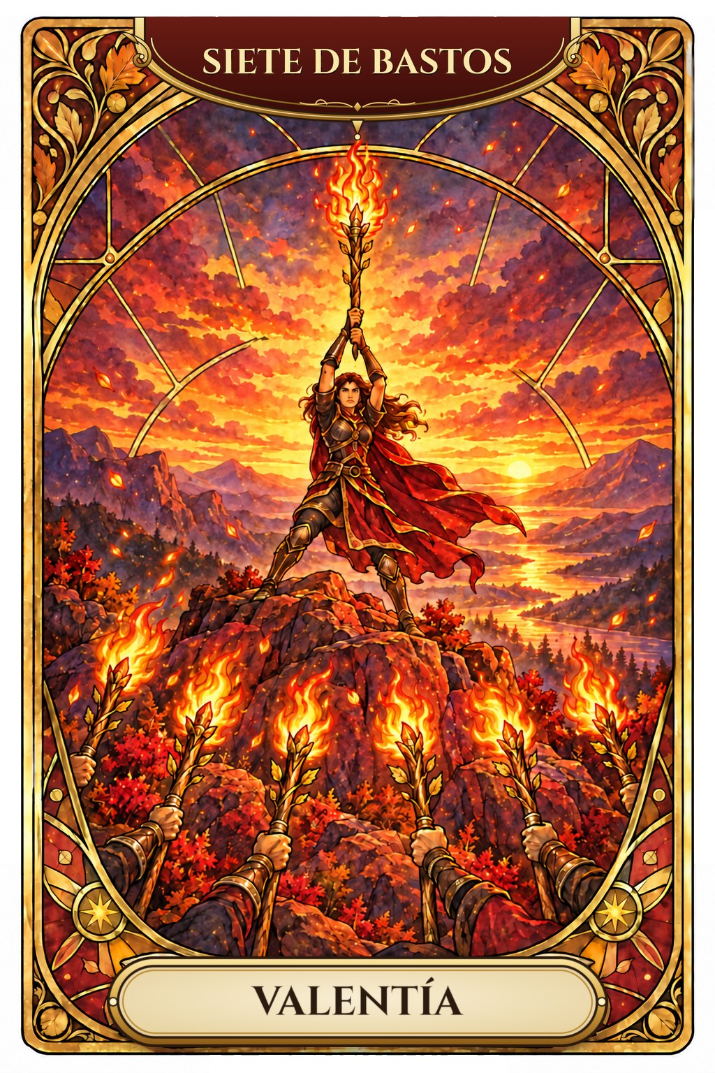 Ilustración de la carta del Siete de Bastos en el tarot