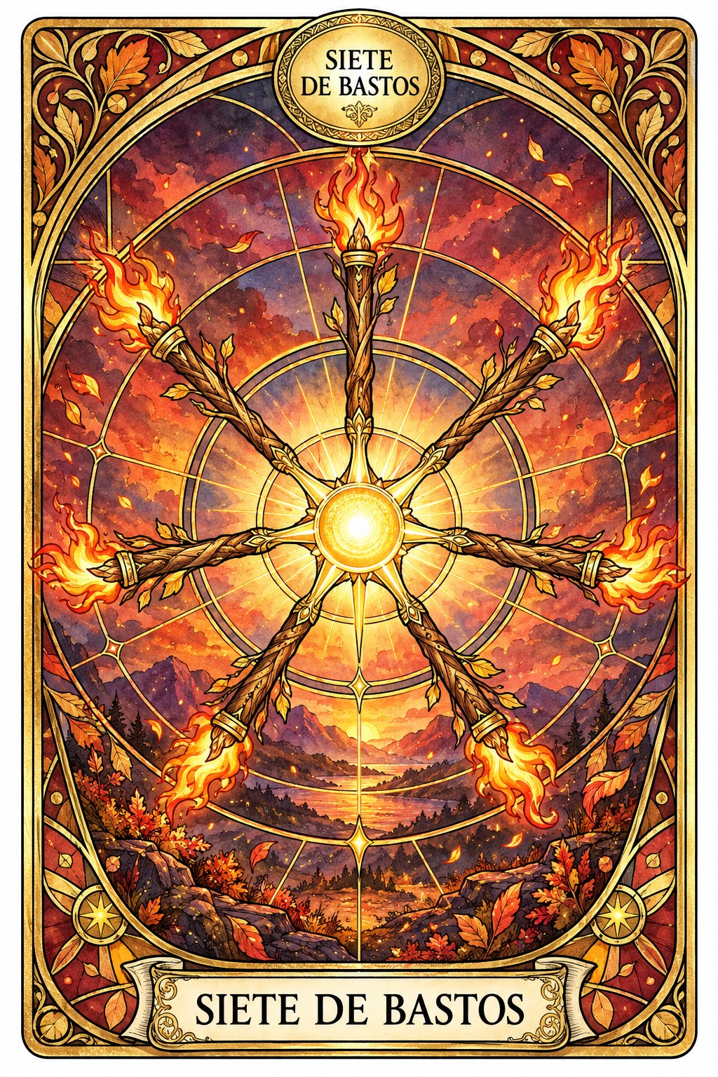 Ilustración de la carta del Siete de Bastos en el tarot