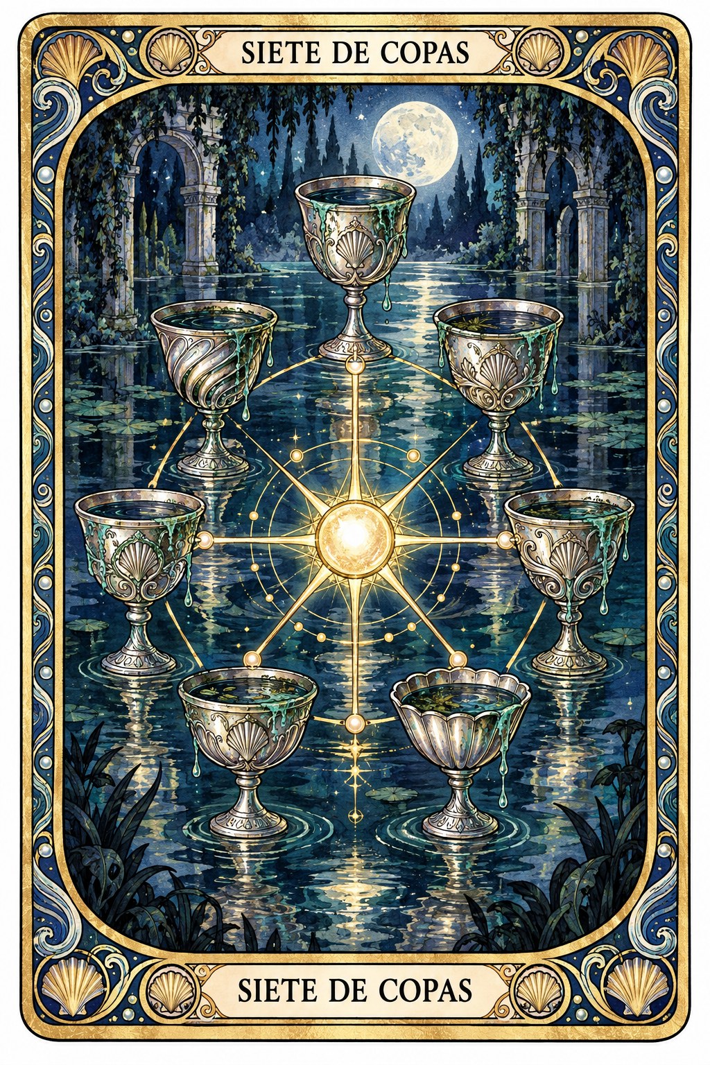 Ilustración de la carta del Siete de Copas en el tarot
