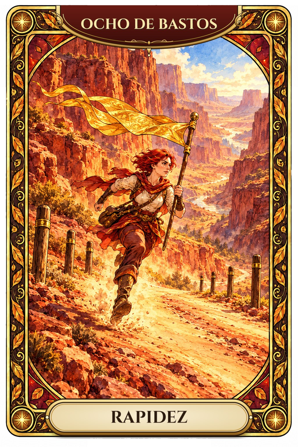 Ilustración de la carta del Ocho de Bastos en el tarot