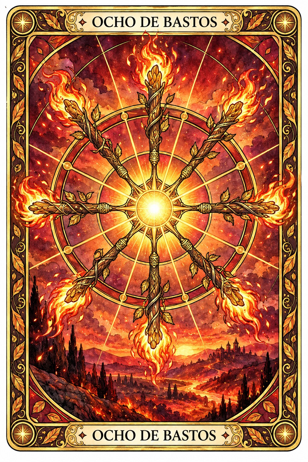 Ilustración de la carta del Ocho de Bastos en el tarot