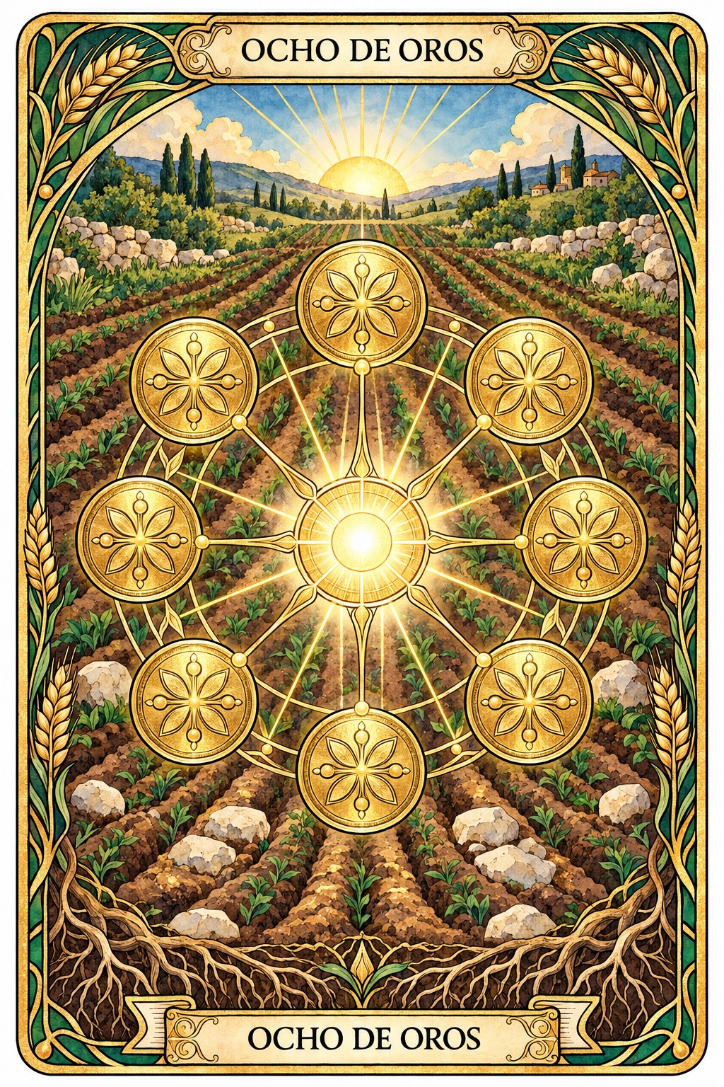 Carta del Ocho de Oros en el tarot asociada a la prudencia