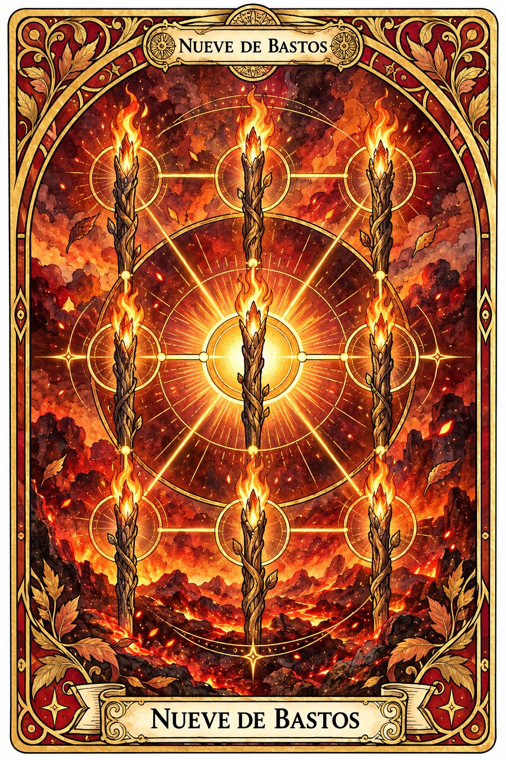 Ilustración de la carta del Nueve de Bastos en el tarot