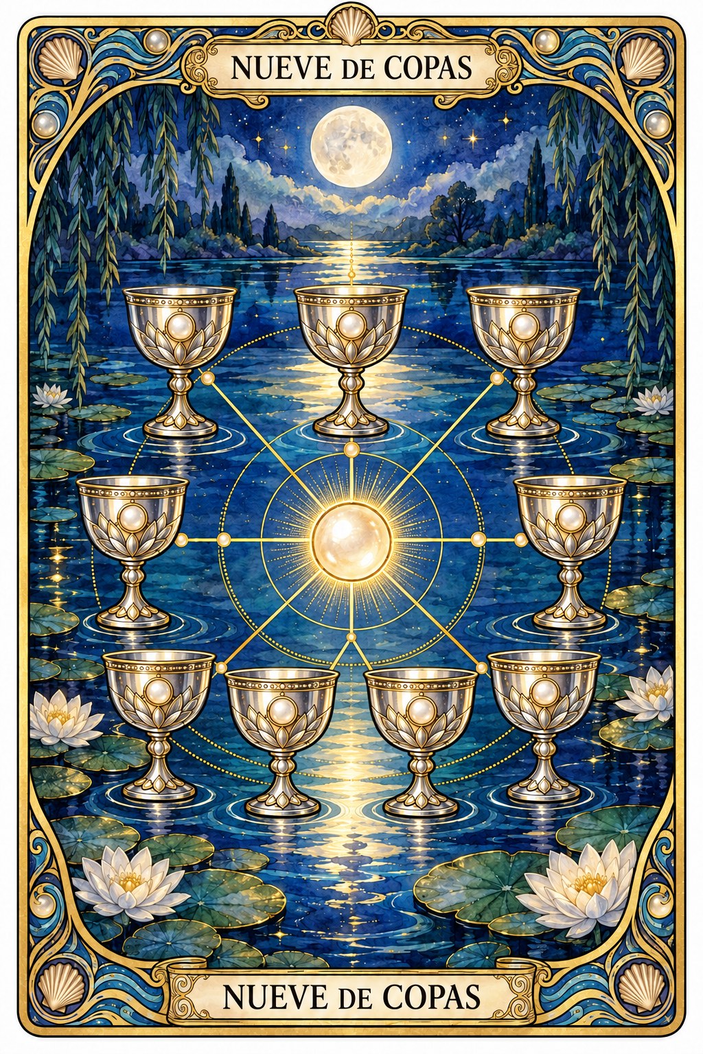 Ilustración de la carta del Nueve de Copas en el tarot