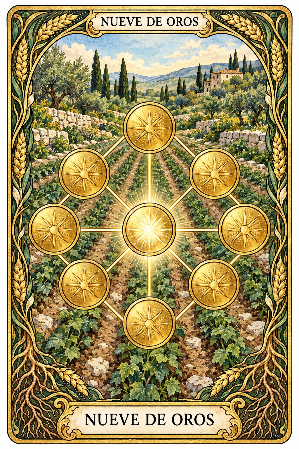 Carta del Nueve de Oros en el tarot asociada a la ganancia