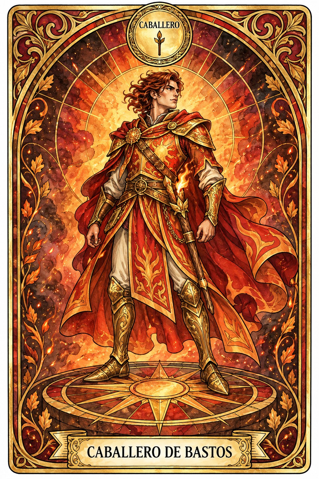 Ilustración de la carta del Caballero de Bastos en el tarot