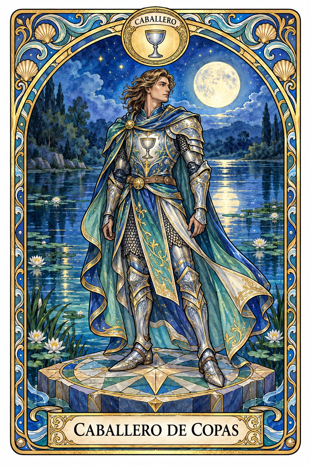 Ilustración de la carta del Caballero de Copas en el tarot