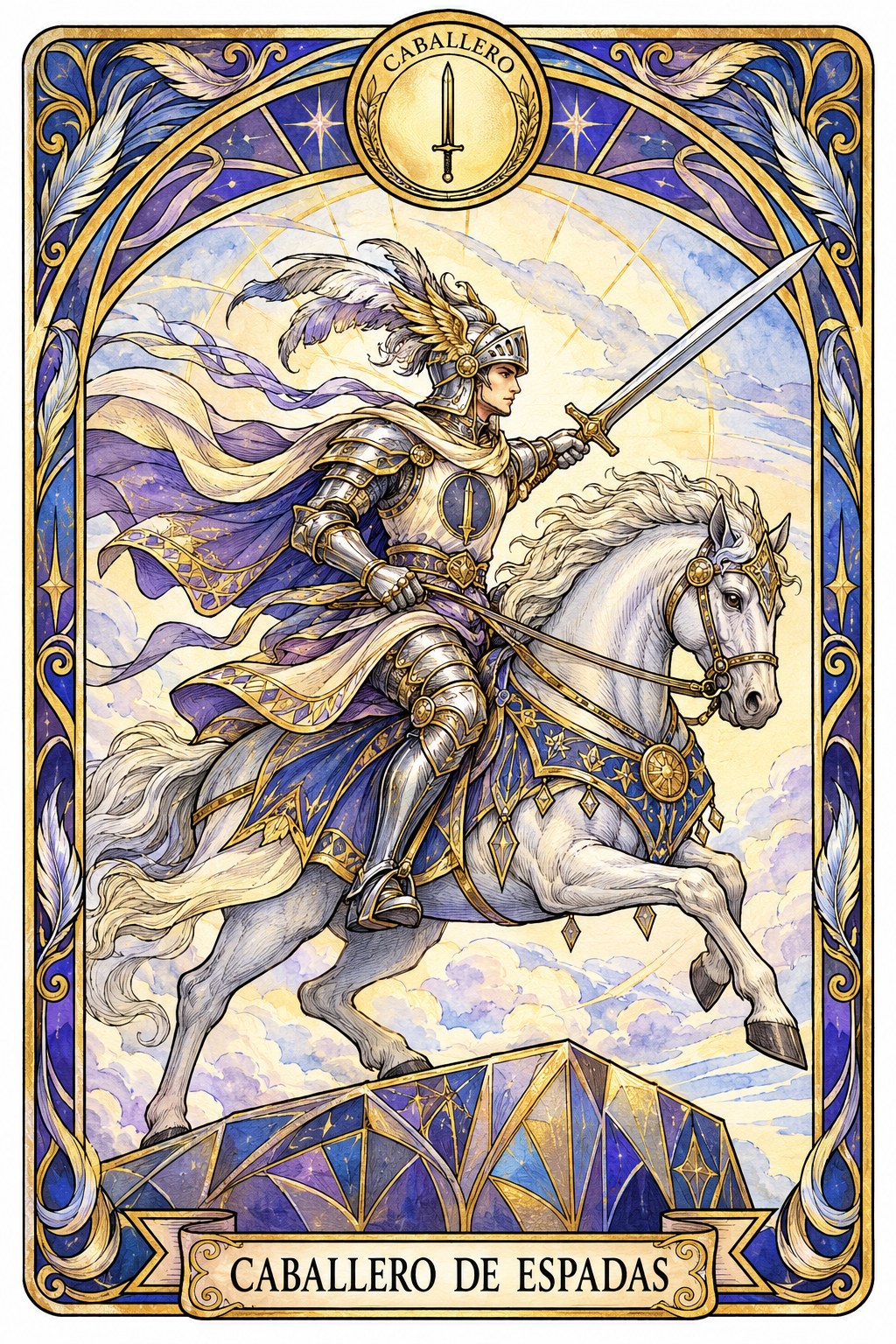 Ilustración de la carta del Caballero de Espadas en el tarot