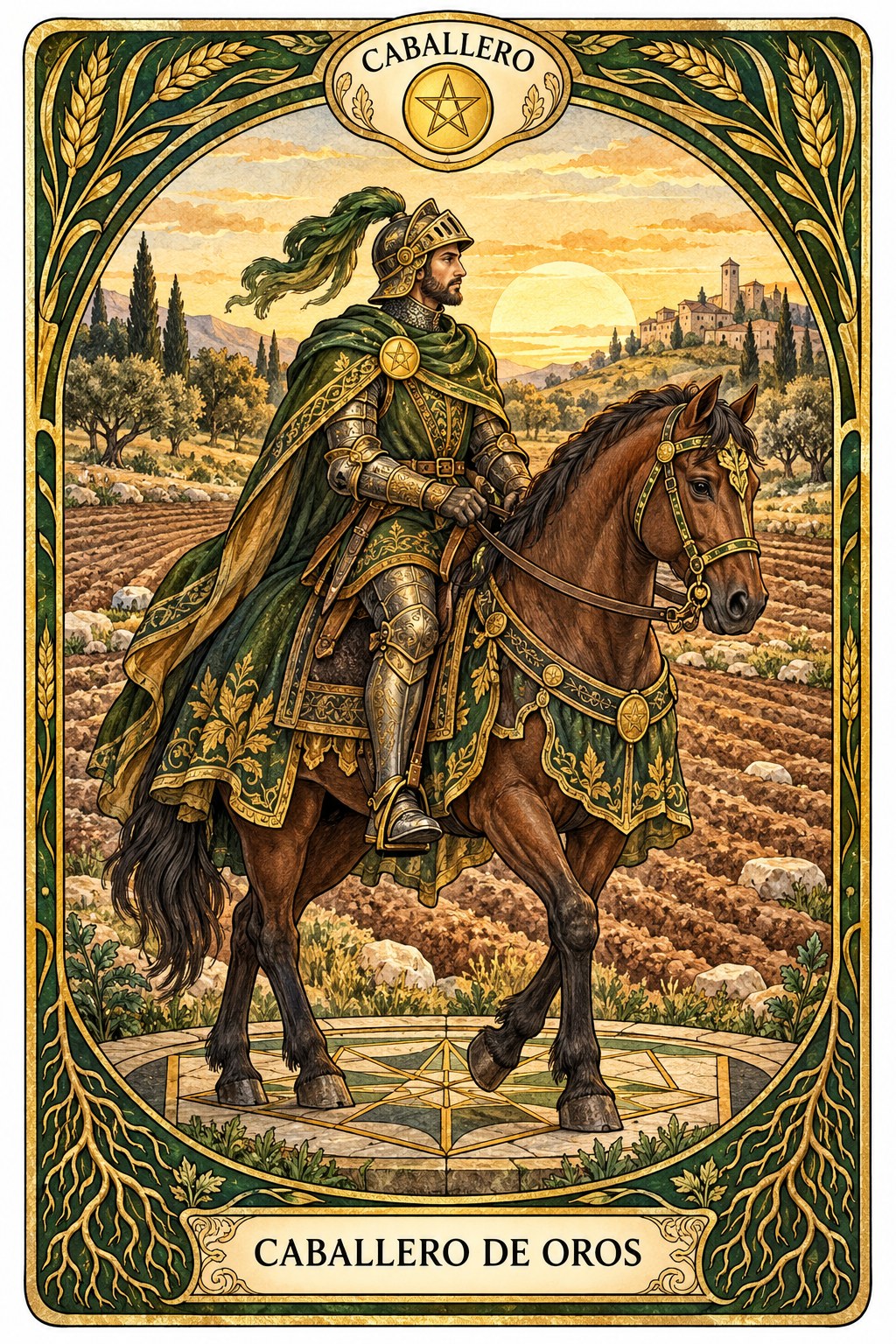 Carta del Caballero de Oros en el tarot asociada a la cosecha