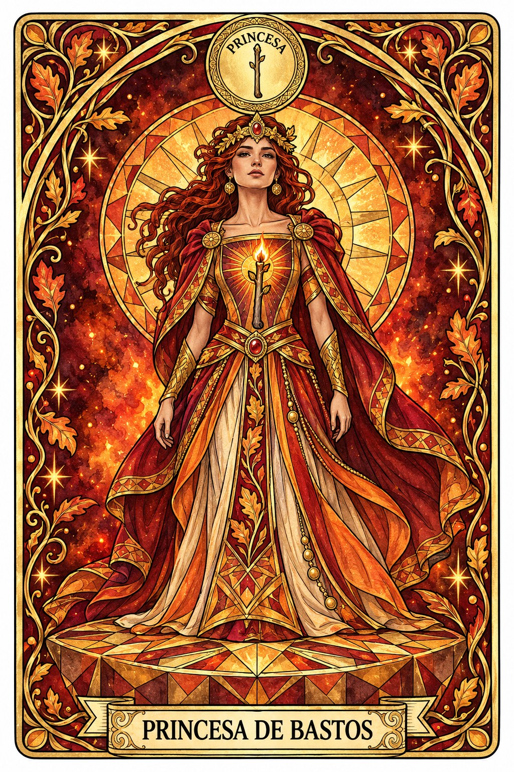 Ilustración de la carta de la Princesa de Bastos en el tarot