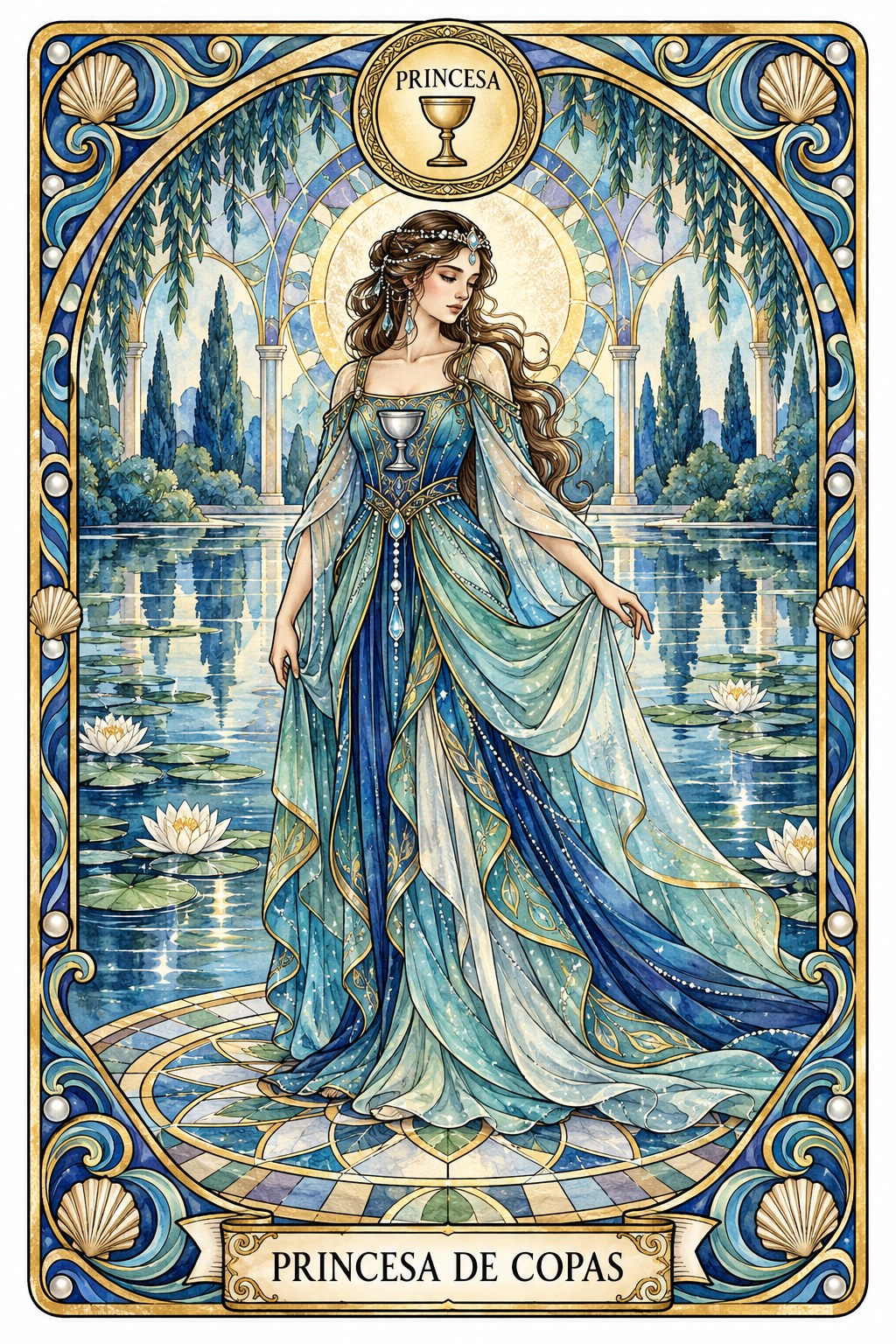 Ilustración de la carta de la Princesa de Copas en el tarot
