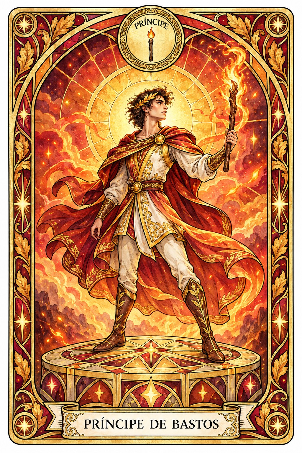 Ilustración de la carta del Príncipe de Bastos en el tarot