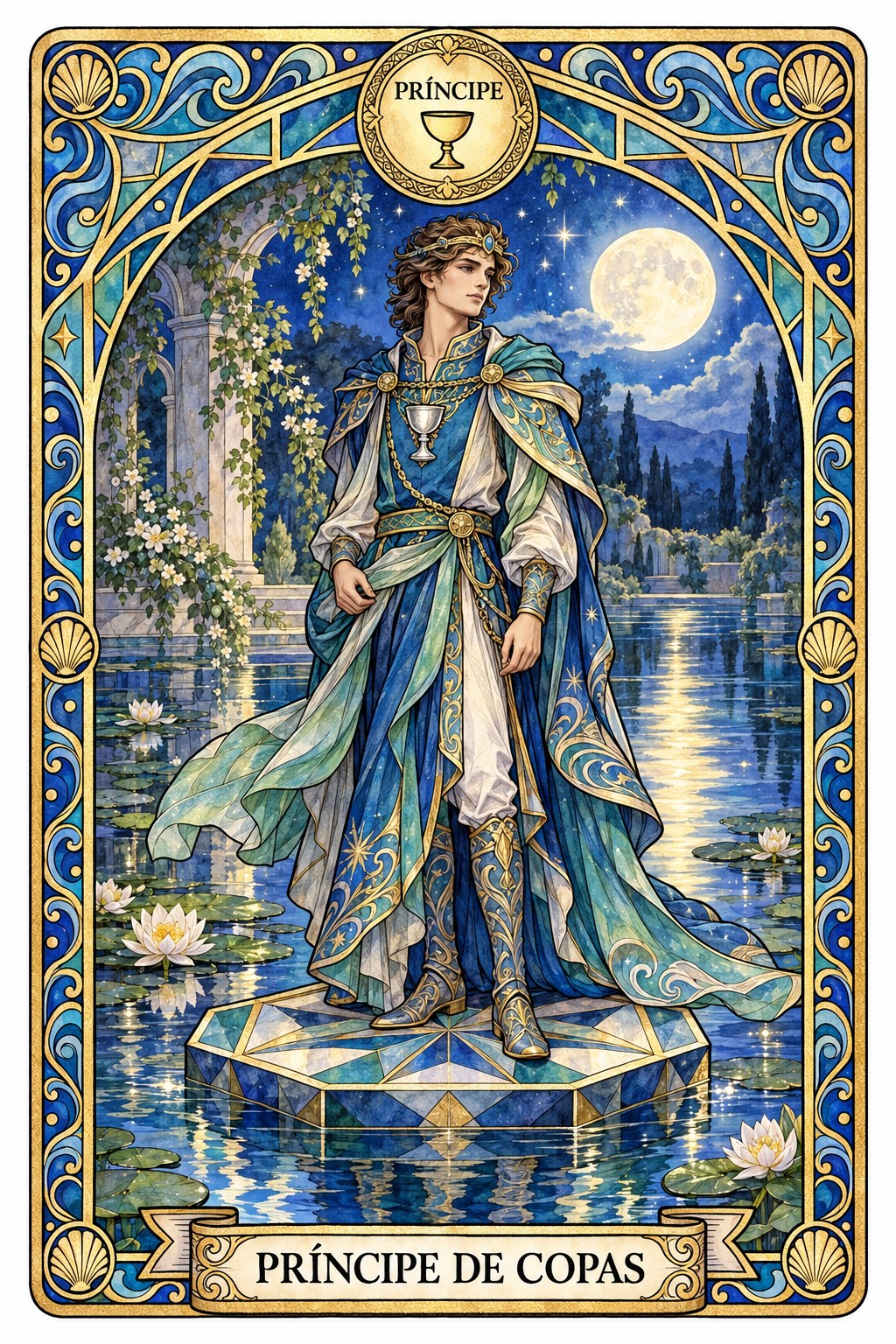 Ilustración de la carta del Príncipe de Copas en el tarot