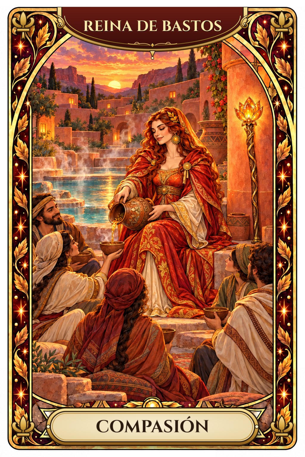 Ilustración de la carta de la Reina de Bastos en el tarot