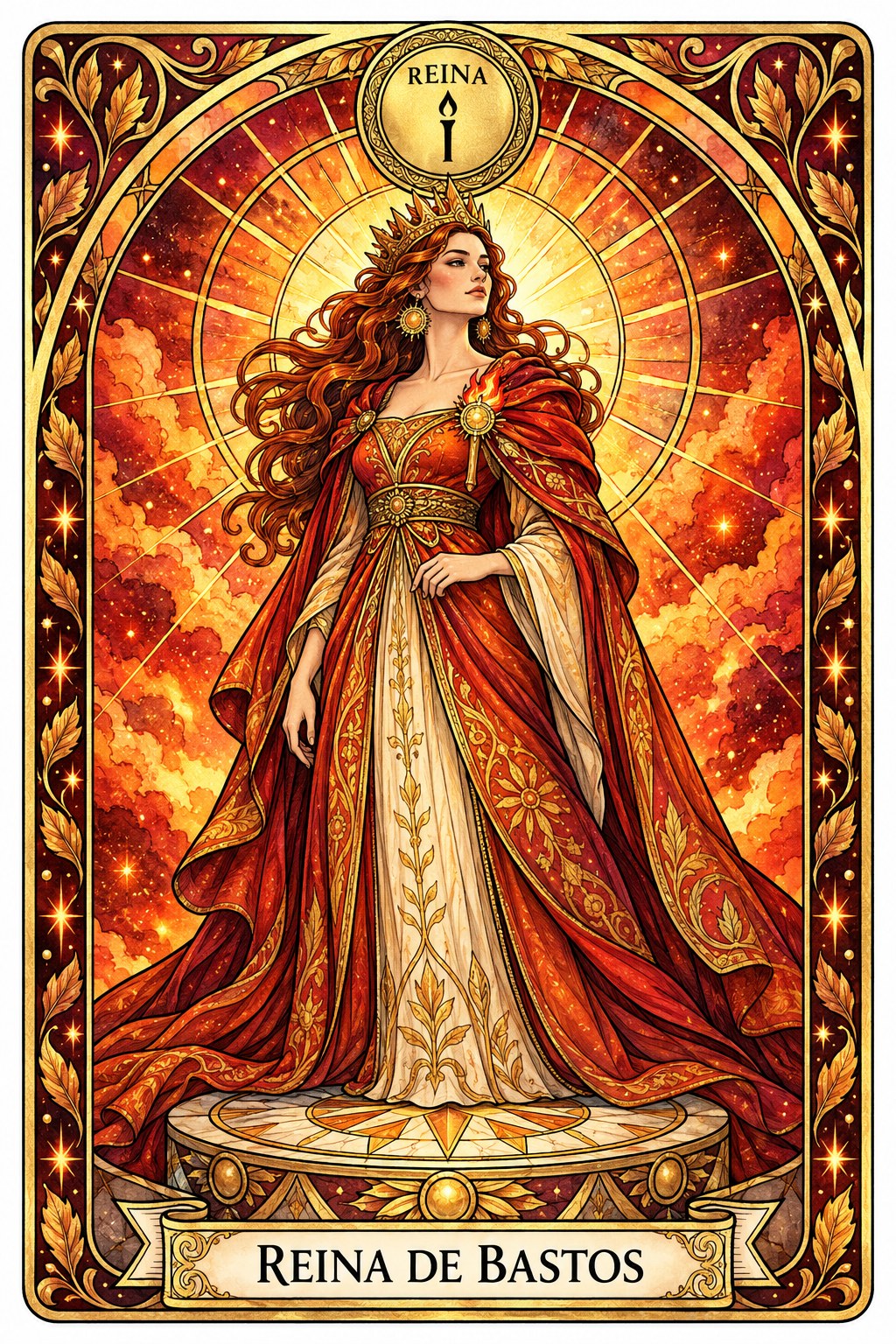 Ilustración de la carta de la Reina de Bastos en el tarot