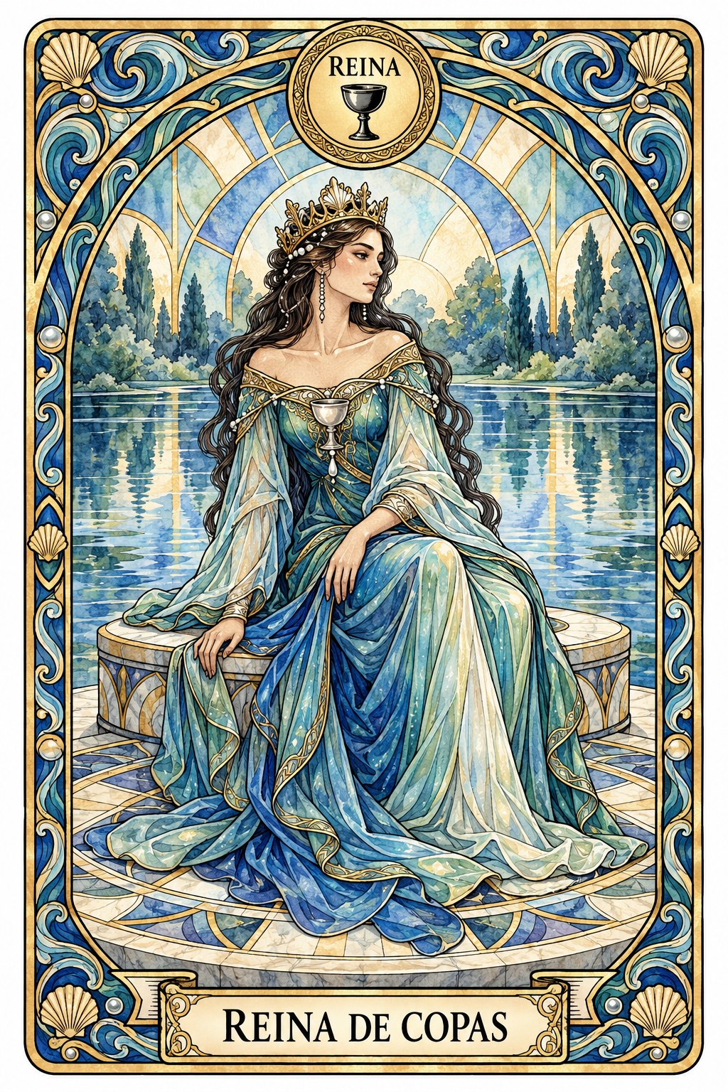 Ilustración de la carta de la Reina de Copas en el tarot