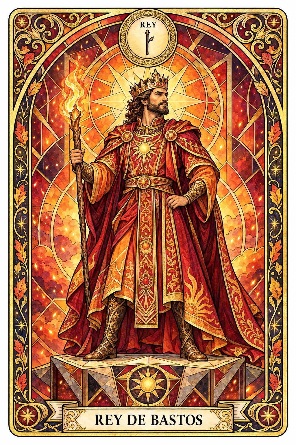 Ilustración de la carta del Rey de Bastos en el tarot