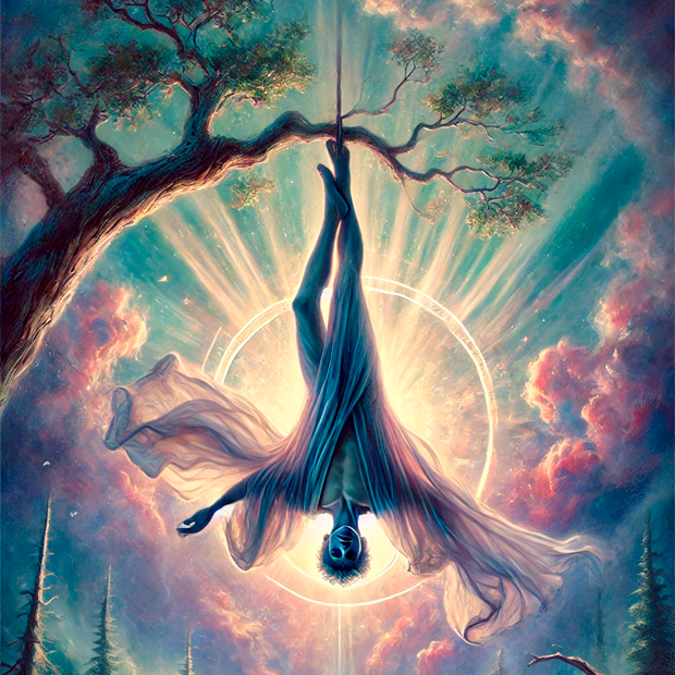 Ilustración del arcano de El Colgado en el tarot para visualización guiada
