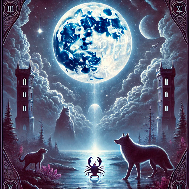 Ilustración del arcano de La Luna en el tarot para visualización guiada