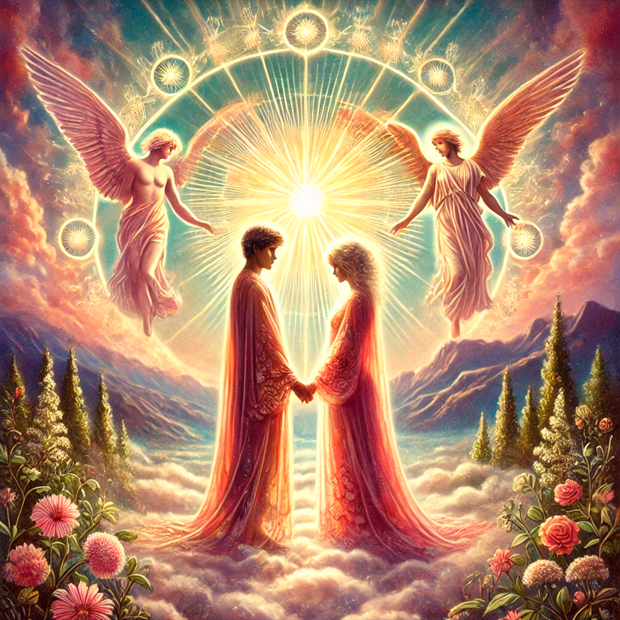 Ilustración del arcano de Los Enamorados en el tarot para visualización guiada