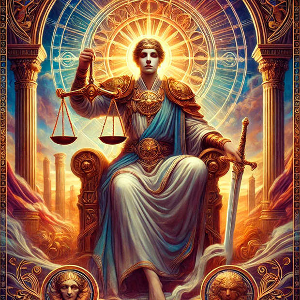 Ilustración del arcano de La Justicia en el tarot para visualización guiada