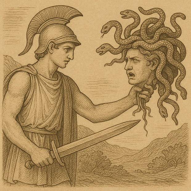 Representación del mito griego antiguo de Perseo y Medusa