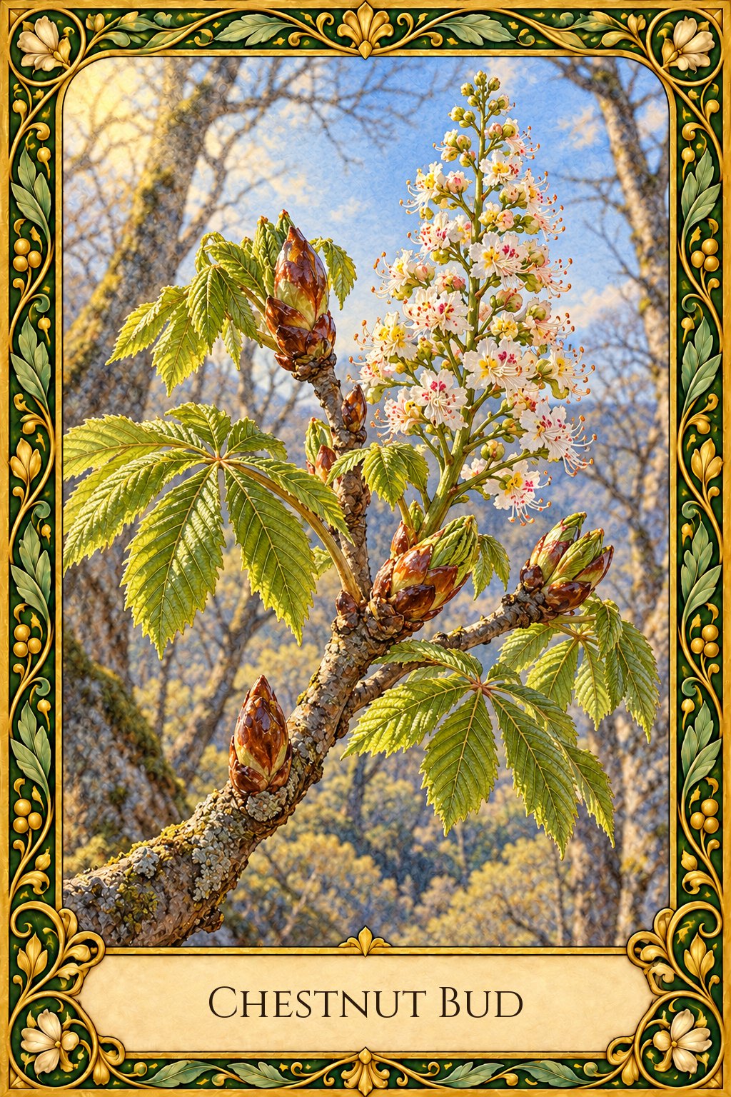 Ilustración de la flor de Bach Chestnut Bud o brote de castaño blanco