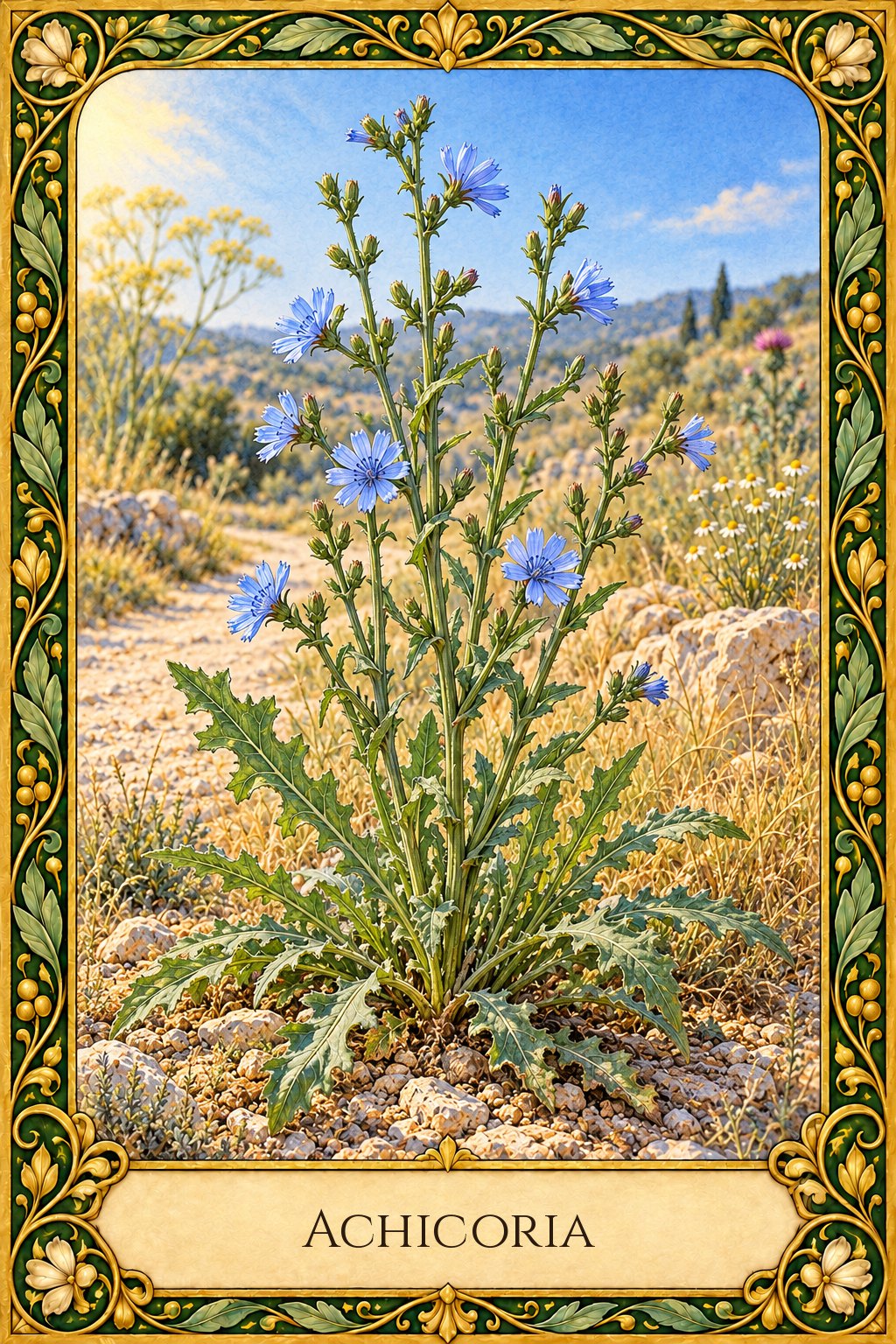 Planta herbácea de achicoria con flores azules brillantes y melíferas