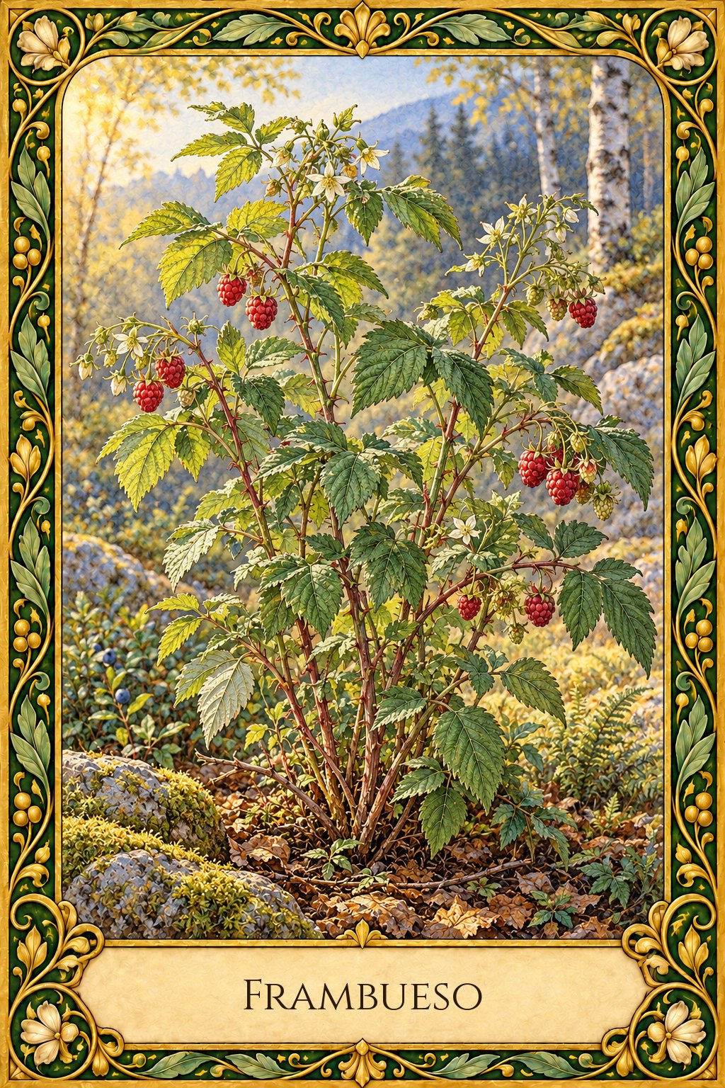 Planta perenne de frambueso con frutos dulces conocidos como frambuesas