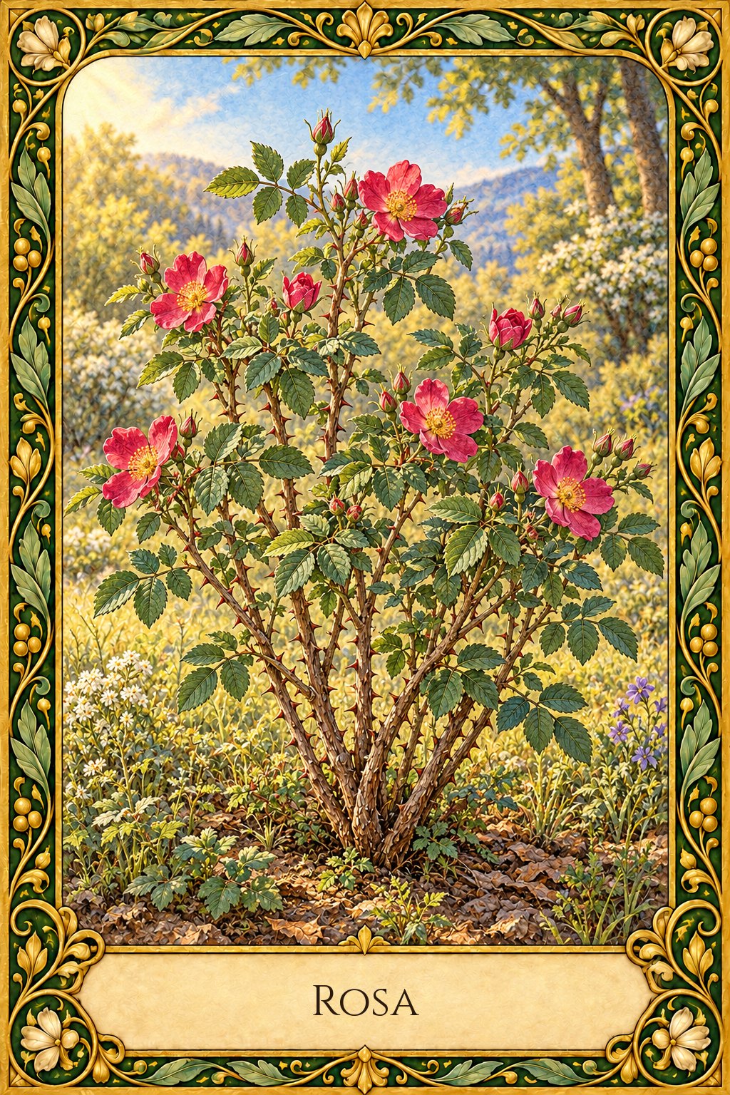 Planta de rosa con tallo leñoso cubierto de espinas y flores