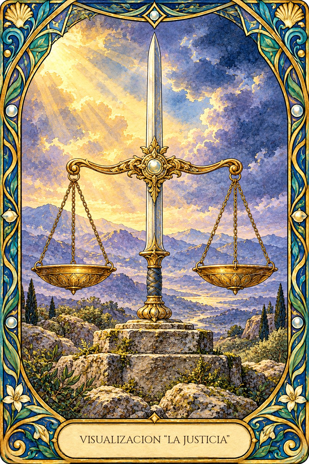 Ilustración del arcano de La Justicia en el tarot para visualización guiada