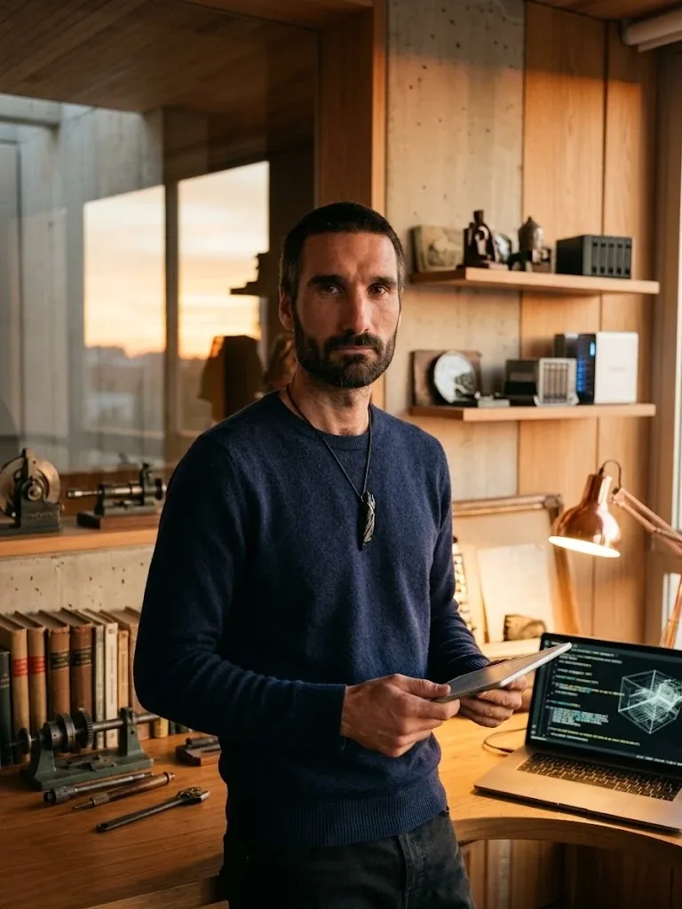 Axel Martín Puricelli en su escritorio, entre libros, herramientas antiguas y una computadora